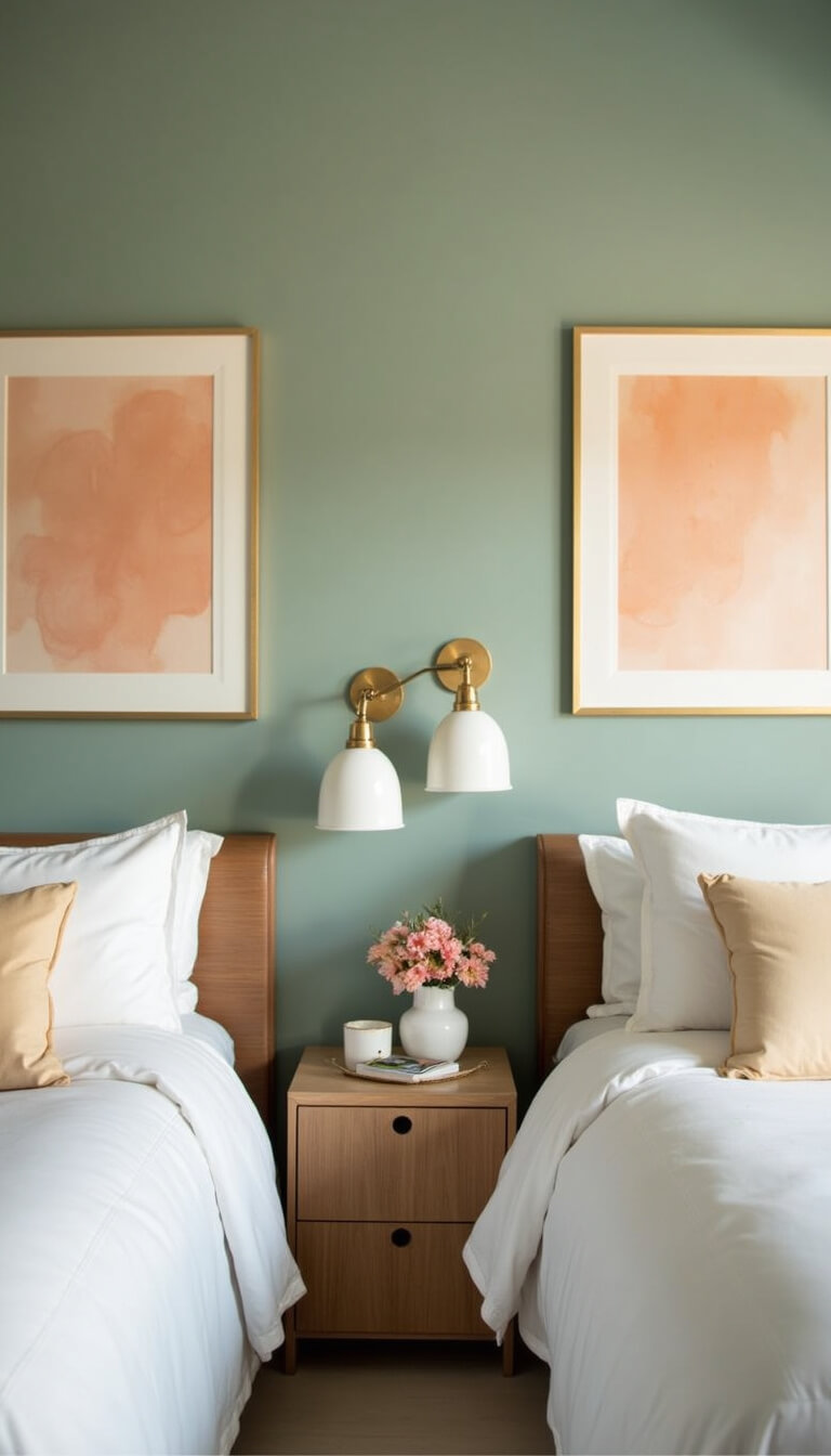 Symmetrical bedroom with twin nightstands, white lamps, peach abstract art, and fresh flowers against a sage green wall.