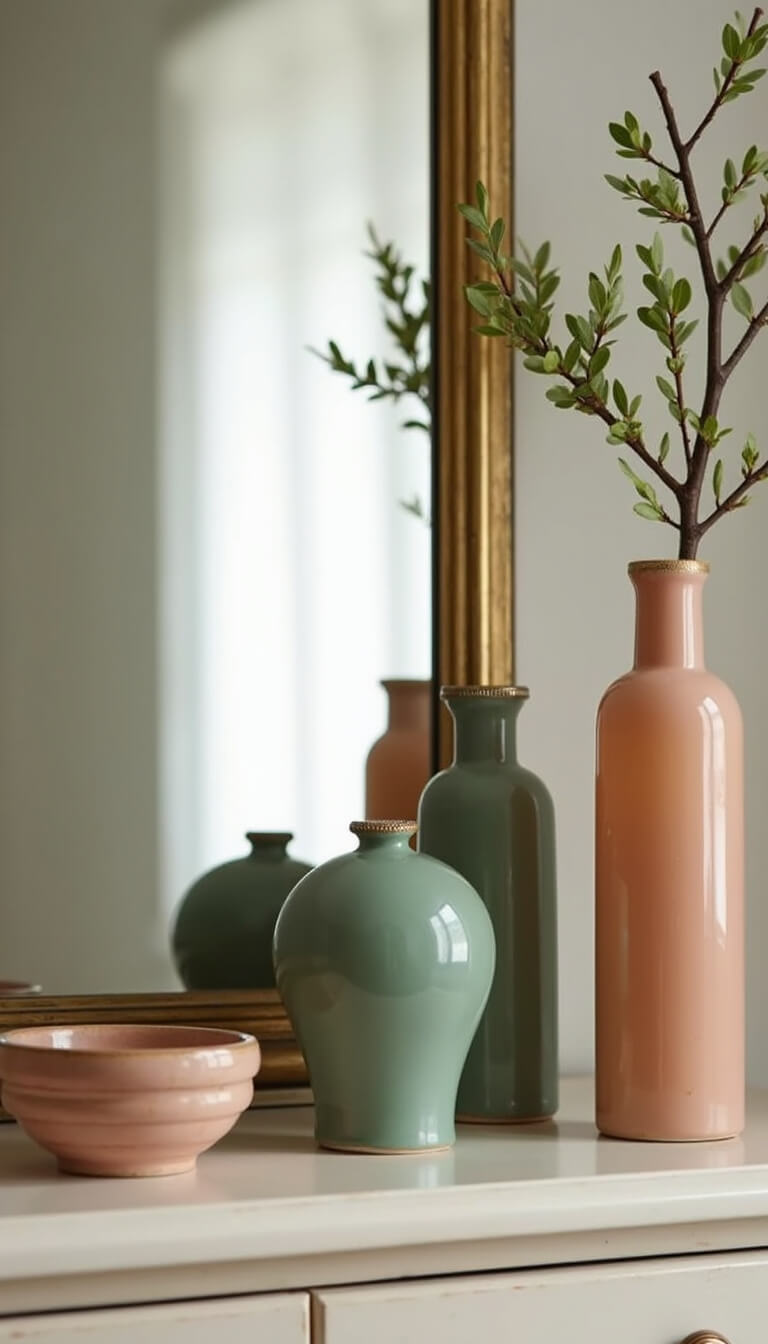Styled dresser top with vintage brass mirror, sage green ceramics, peach glass vases, and personal items in soft morning light.