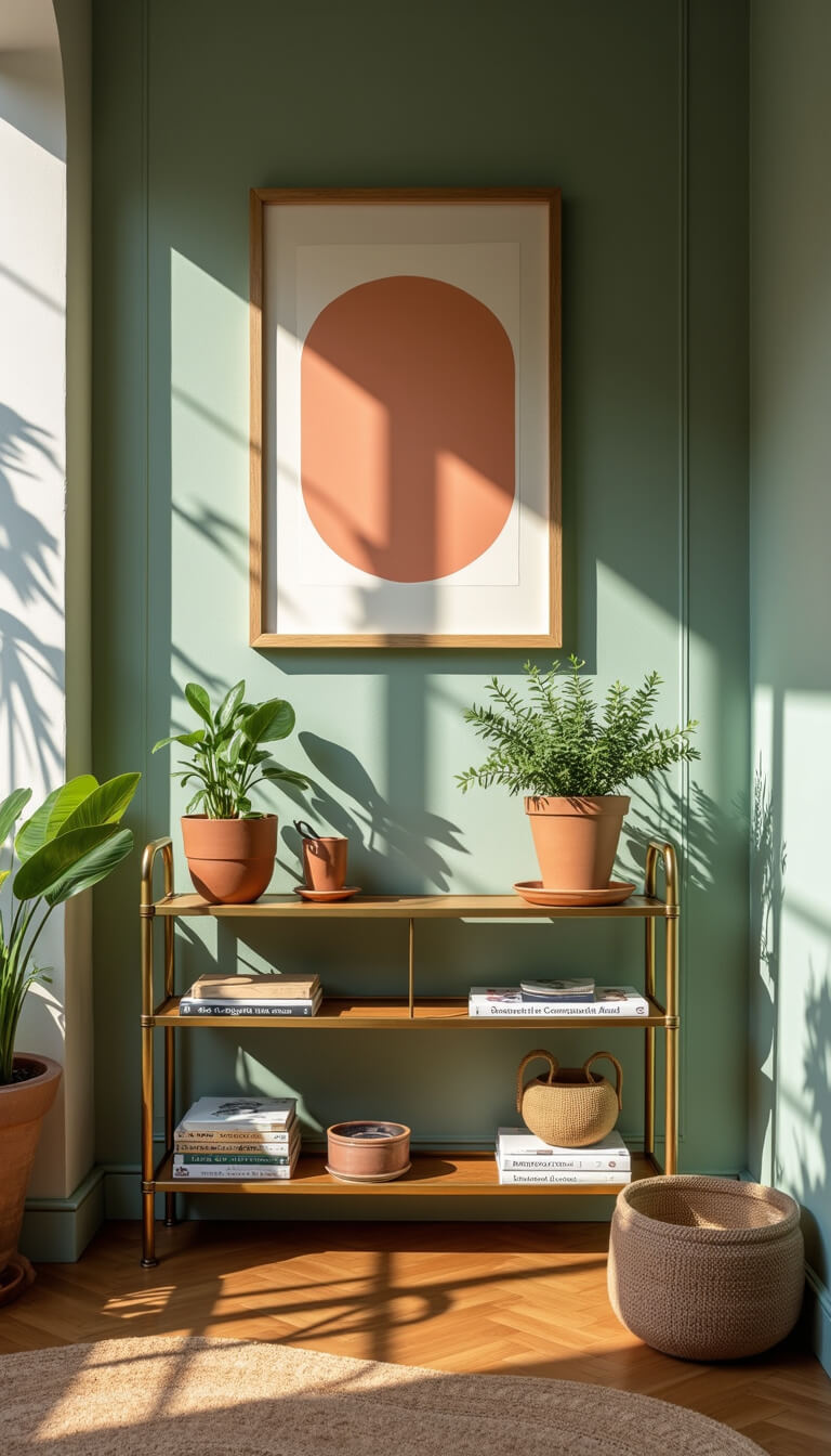 Vintage brass étagère with books, ceramics, and plants against sage green wall with peach art prints, bathed in afternoon sunlight.