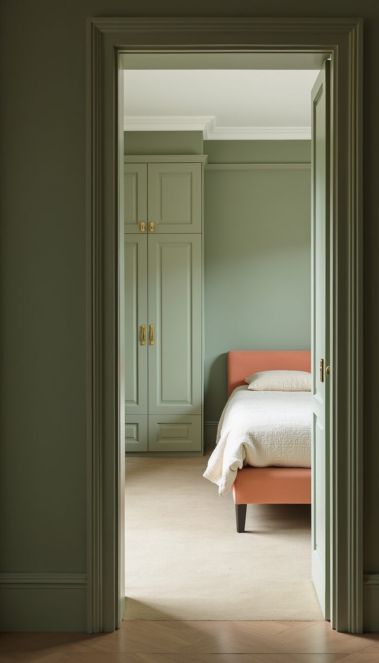 View through doorway into bedroom with sage green walls, peach upholstered bed, brass wardrobe hardware, and natural light streaming in.