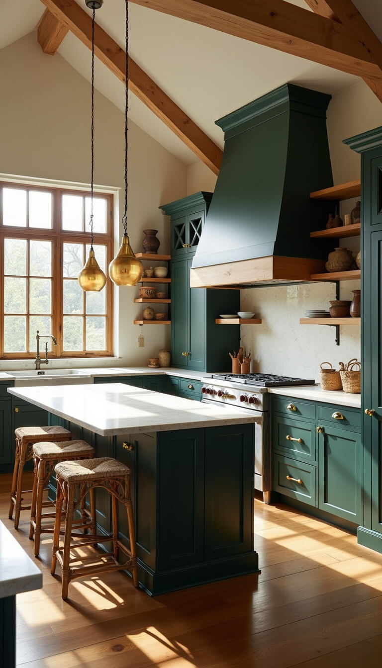 Spacious kitchen with dark green cabinets, natural wood island, rattan barstools, and brass accents, bathed in warm morning light.