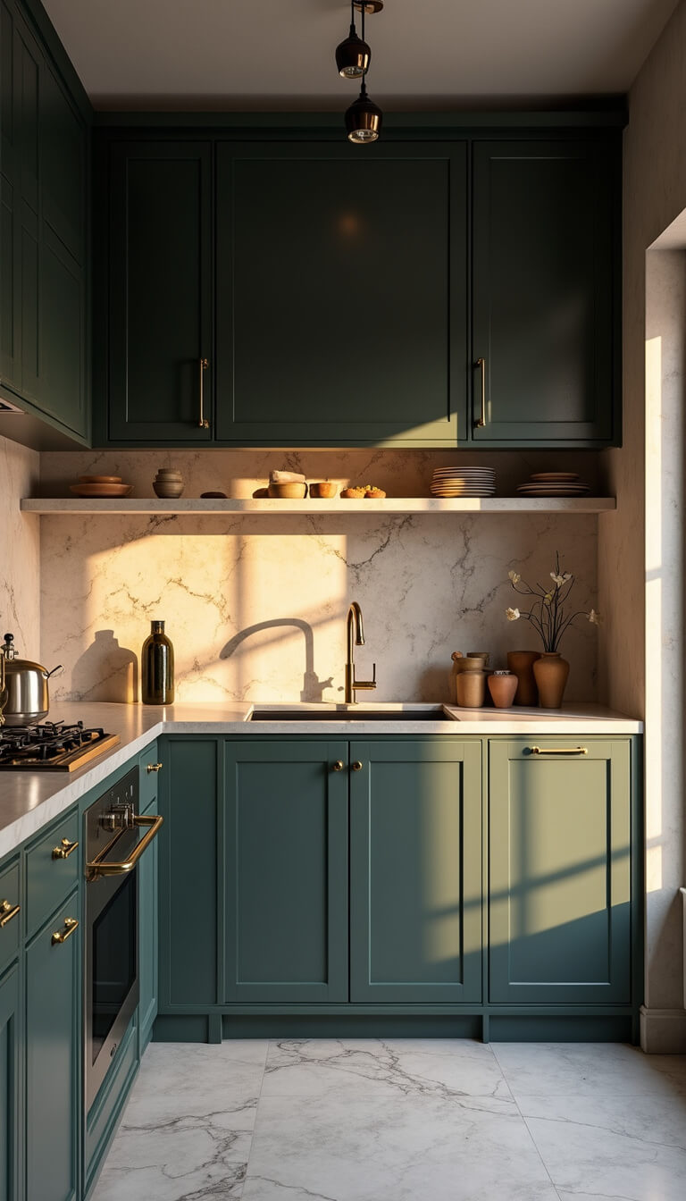 Moody luxurious kitchen with dark sage cabinets, veined marble backsplash, and warm golden hour lighting.