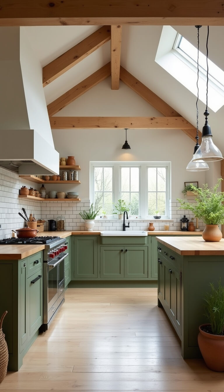 Modern farmhouse kitchen with olive green lower cabinets, white uppers, vaulted ceiling with wood beams, central island with butcher block, pendant lights, subway tile backsplash, copper cookware, and natural light from skylights.