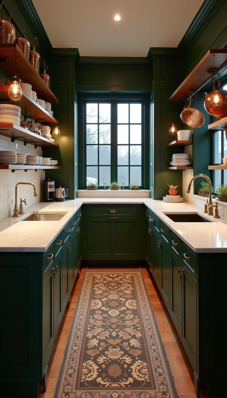 Galley kitchen with dark green cabinets, brass hardware, marble countertops, and copper pots, warmly lit at dusk with vintage decor.