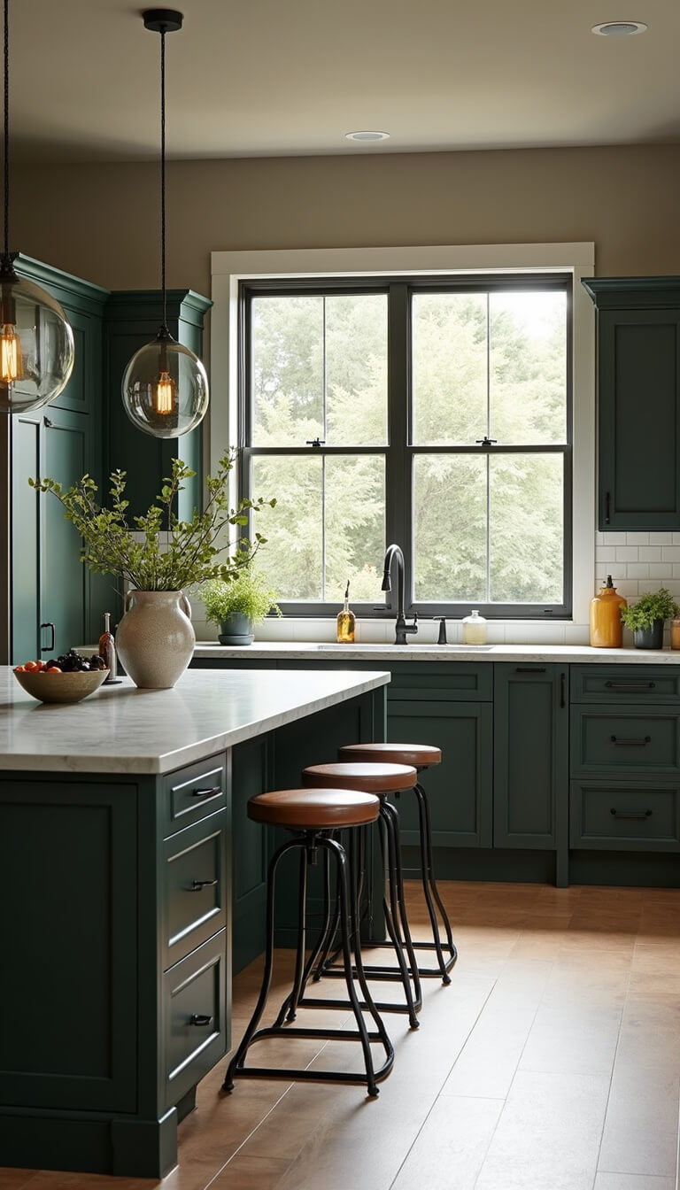 Contemporary 16x18ft kitchen with dark green cabinets, waterfall quartz island, smoked glass globe pendants, and leather-steel barstools, bathed in diffused afternoon light.