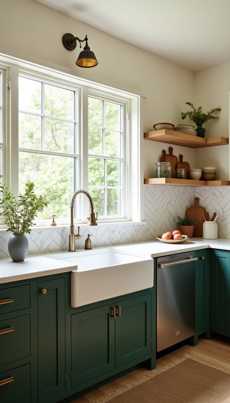 Transitional kitchen with dark green lower cabinets, cream uppers, marble herringbone backsplash, and morning light streaming through large windows above a farmhouse sink.