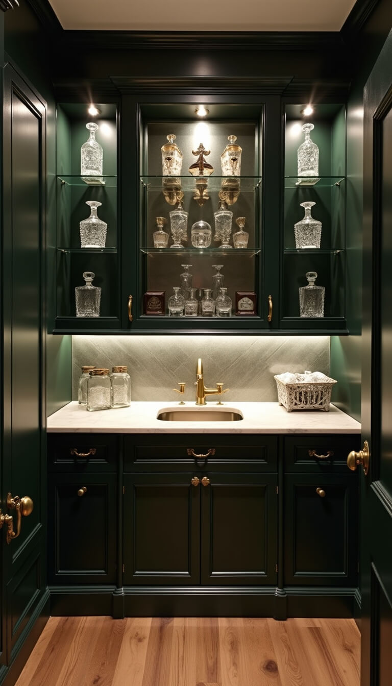 Elegant butler's pantry with dark green cabinets, antique mirror backsplash, marble counters, vintage barware, and dramatic lighting.