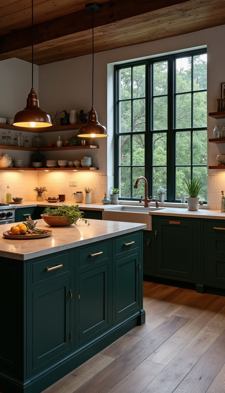 Modern cottage kitchen at twilight with dark green island, white cabinets, soapstone counters, and warm copper lighting.
