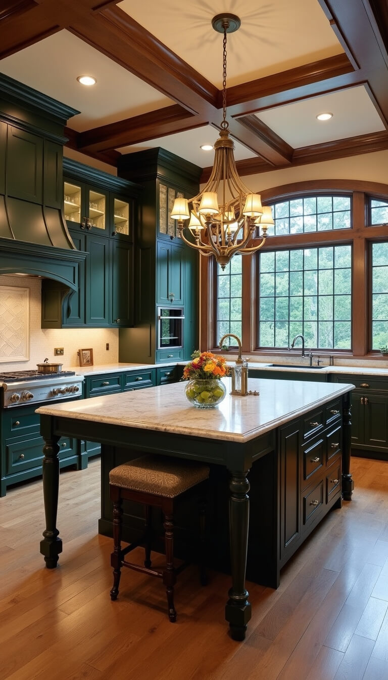 Elegant 20x24ft kitchen with dark green cabinets, double quartzite islands, brass lighting, walnut accents, and arched windows, captured from above.