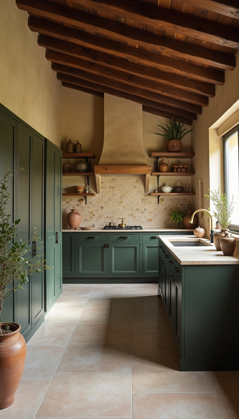 Modern Mediterranean kitchen with dark olive cabinets, limestone floors, zellige tile backsplash, and rustic wooden ceiling beams.