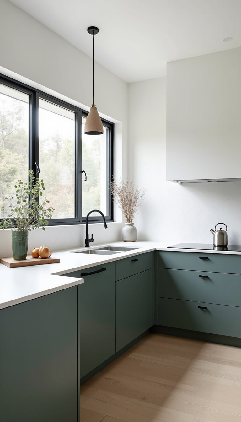 Scandinavian kitchen with dark sage lower cabinets, white uppers, pale oak floors, black steel windows, and ceramic pendant lights in bright natural light.