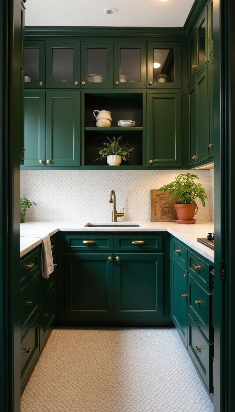 Compact 8x10ft kitchen with dark hunter green cabinets, marble penny tile backsplash, brass lights, vintage art, and plants, viewed from doorway.