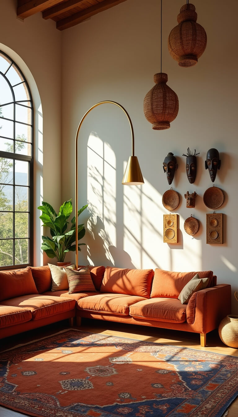 Warm, sunlit living room with high ceilings, terracotta sectional, brass floor lamp, Moroccan rugs, rattan pendants, African wall art, and lush potted plants.