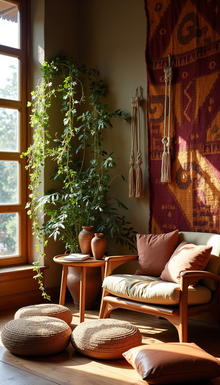 Cozy reading nook with handcarved armchair, mudcloth cushions, trailing plants, African textile tapestry, and soft morning light filtering through floor-to-ceiling windows.