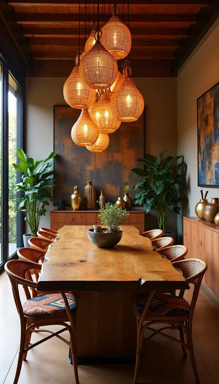 Golden hour dining room with live-edge wooden table, Kente cloth-cushioned rattan chairs, woven pendant lights, brass and clay decor, abstract earth-toned art, and snake plants in corners.