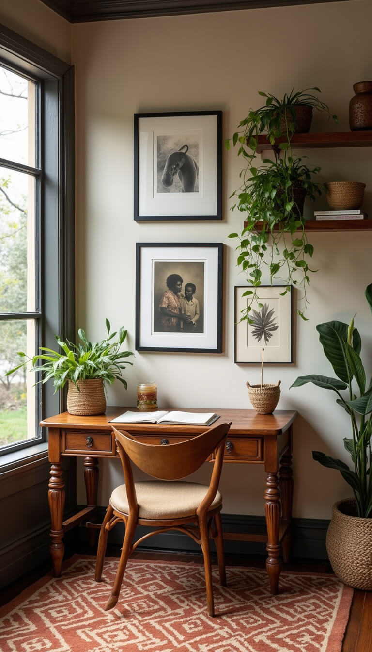 Cozy 12x14ft home office with antique desk, brass accessories, mud cloth chair, vintage African photography, hanging plants, artisan pottery, and natural light.