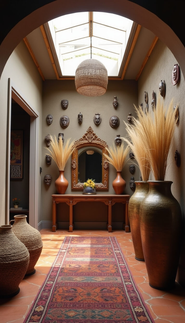Welcoming 16x20ft entryway with carved wooden console, brass mirrors, clay vessels, African art, woven baskets, vintage runner, and dramatic skylight lighting.
