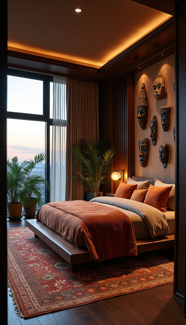 Luxurious master bedroom with platform bed, carved headboard, layered textiles, brass sconces, Moroccan rugs, ceremonial masks, potted palms, and city views at dusk.