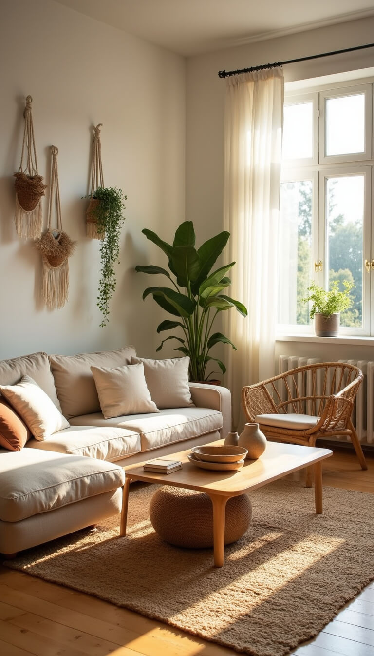 Cozy sunlit living room with oatmeal linen sofa, jute rug, rattan chair, and warm natural decor in golden hour light.
