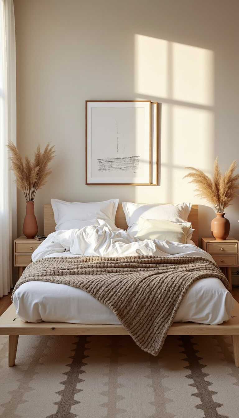 Cozy 12x14ft bedroom at dawn with morning light through gauzy curtains, platform bed with white linen bedding and taupe knit throw, minimalist art above, matching nightstands with pampas grass, and a cream Moroccan wool rug.