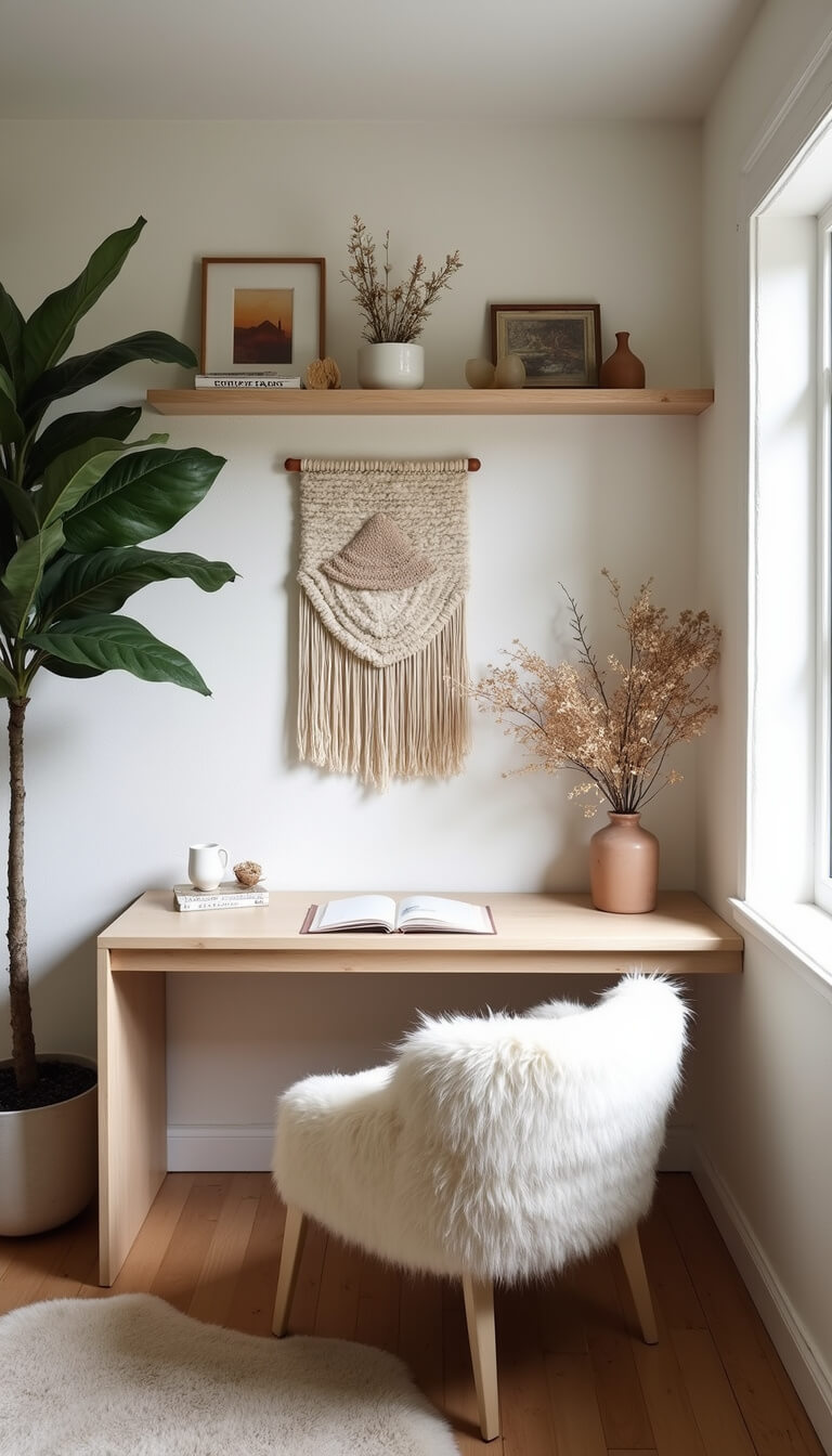 Cozy 10x12ft home office nook with pale ash desk, sheepskin chair, woven wall art, floating shelves with decor, and a fiddle leaf fig bathed in natural mid-morning light.