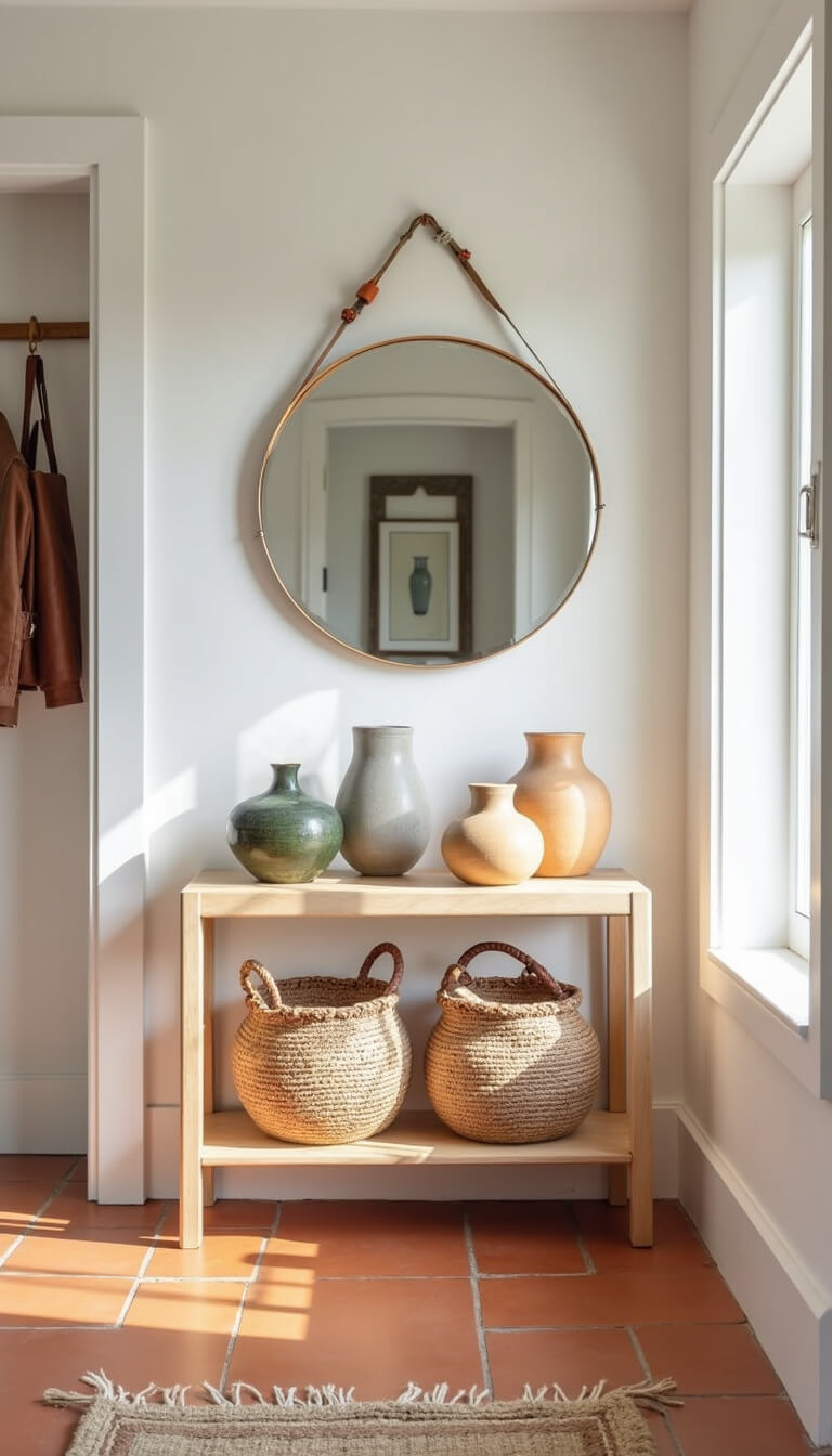 Bright entryway with slim pale wood console, round mirror, woven baskets, terracotta floor tiles, and minimal coat rack against white walls.