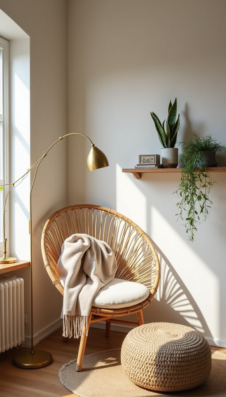High-angle view of a cozy reading corner with a rattan peacock chair, wool throw, brass floor lamp, floating shelf with air plants, and round jute pouf in soft afternoon light.