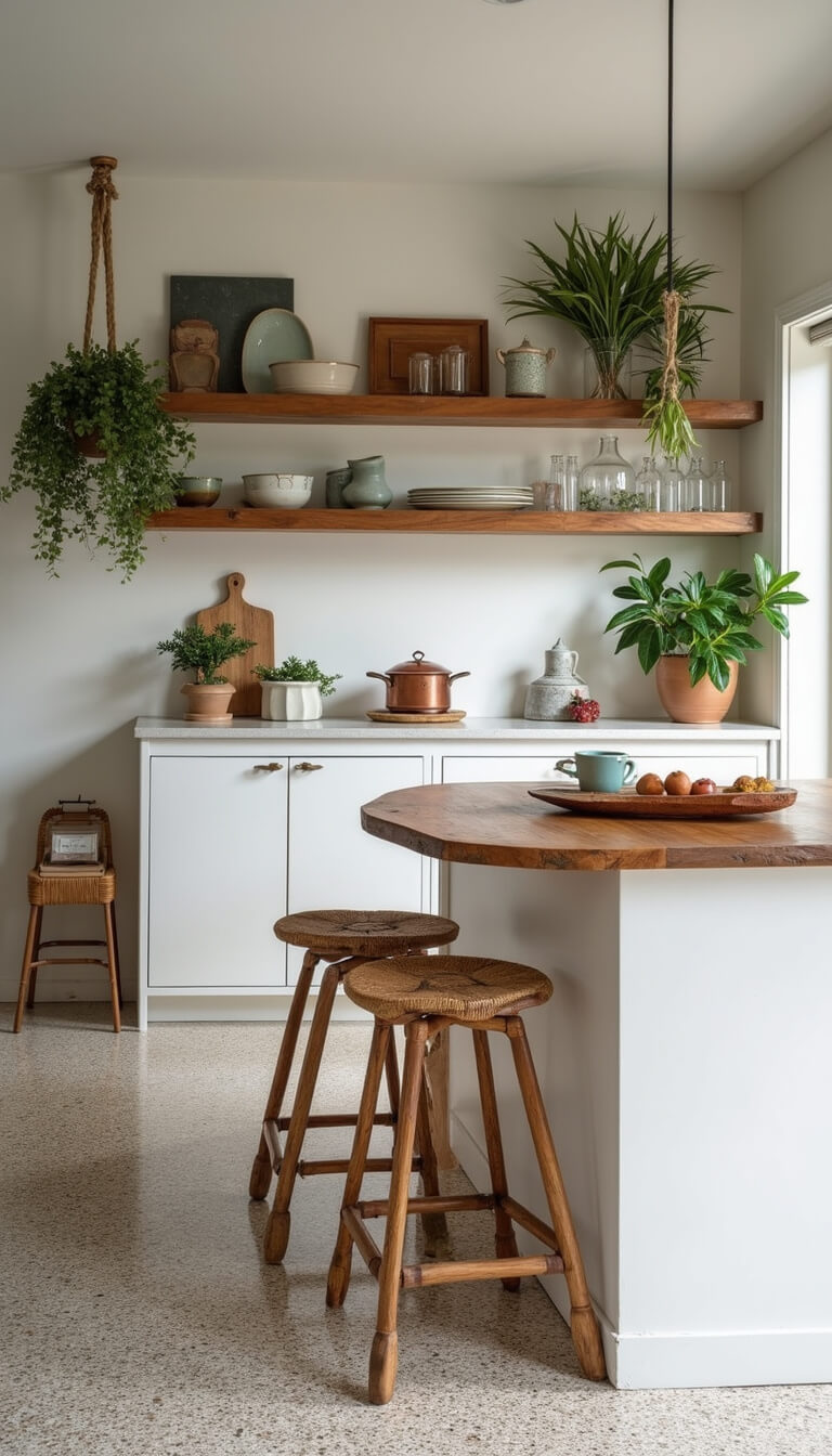 Open concept 14x16ft kitchen with white cabinets, reclaimed wood shelves, live-edge island, rattan stools, hanging plants, and terrazzo floors in warm morning light.