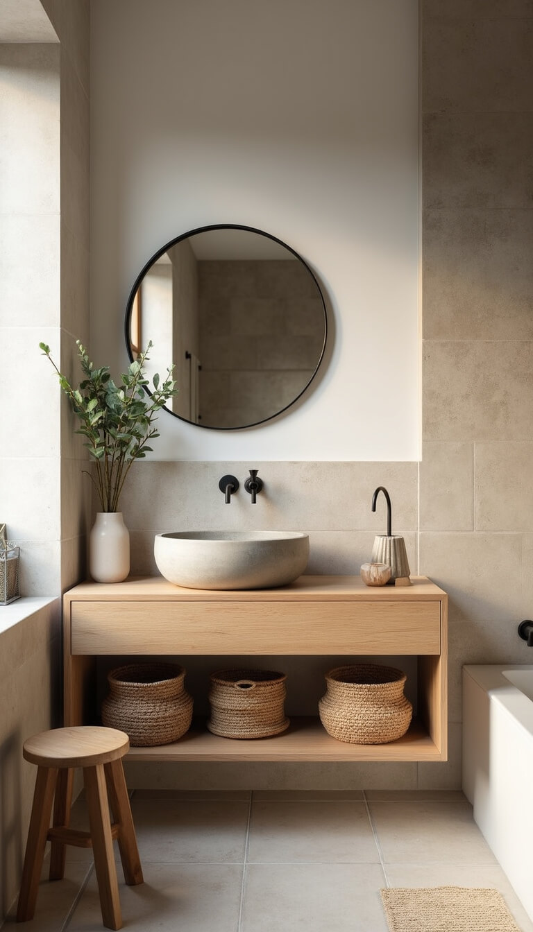 Zen-style 9x11ft bathroom with floating light oak vanity, concrete vessel sink, circular mirror, neutral handmade tiles, woven baskets, wooden stool, and eucalyptus branches in soft afternoon light.