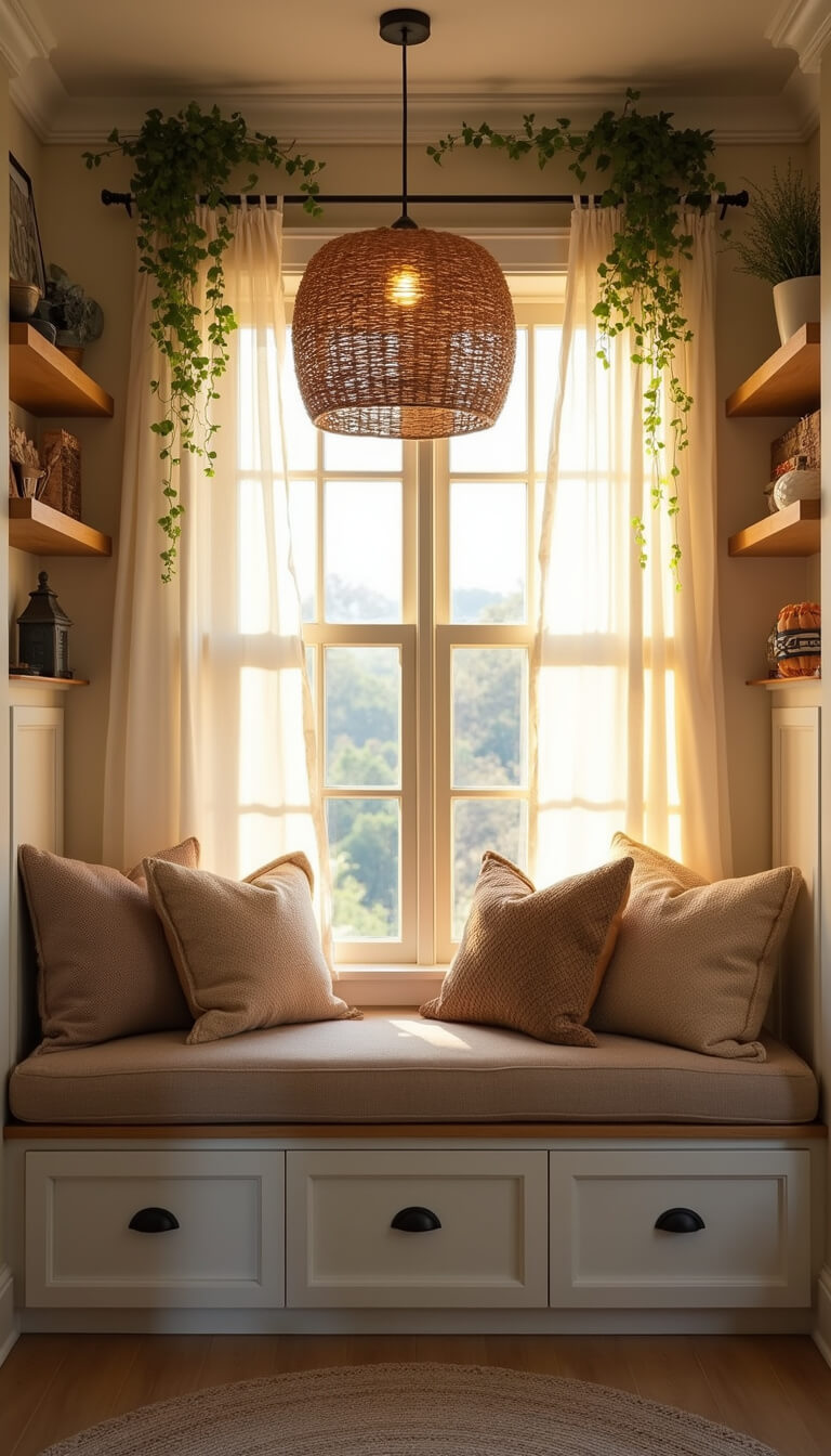 Cozy 7x9ft window seat nook with white built-in storage, earth-toned cushions, floating shelves with plants and treasures, lit by a woven pendant light during golden hour.