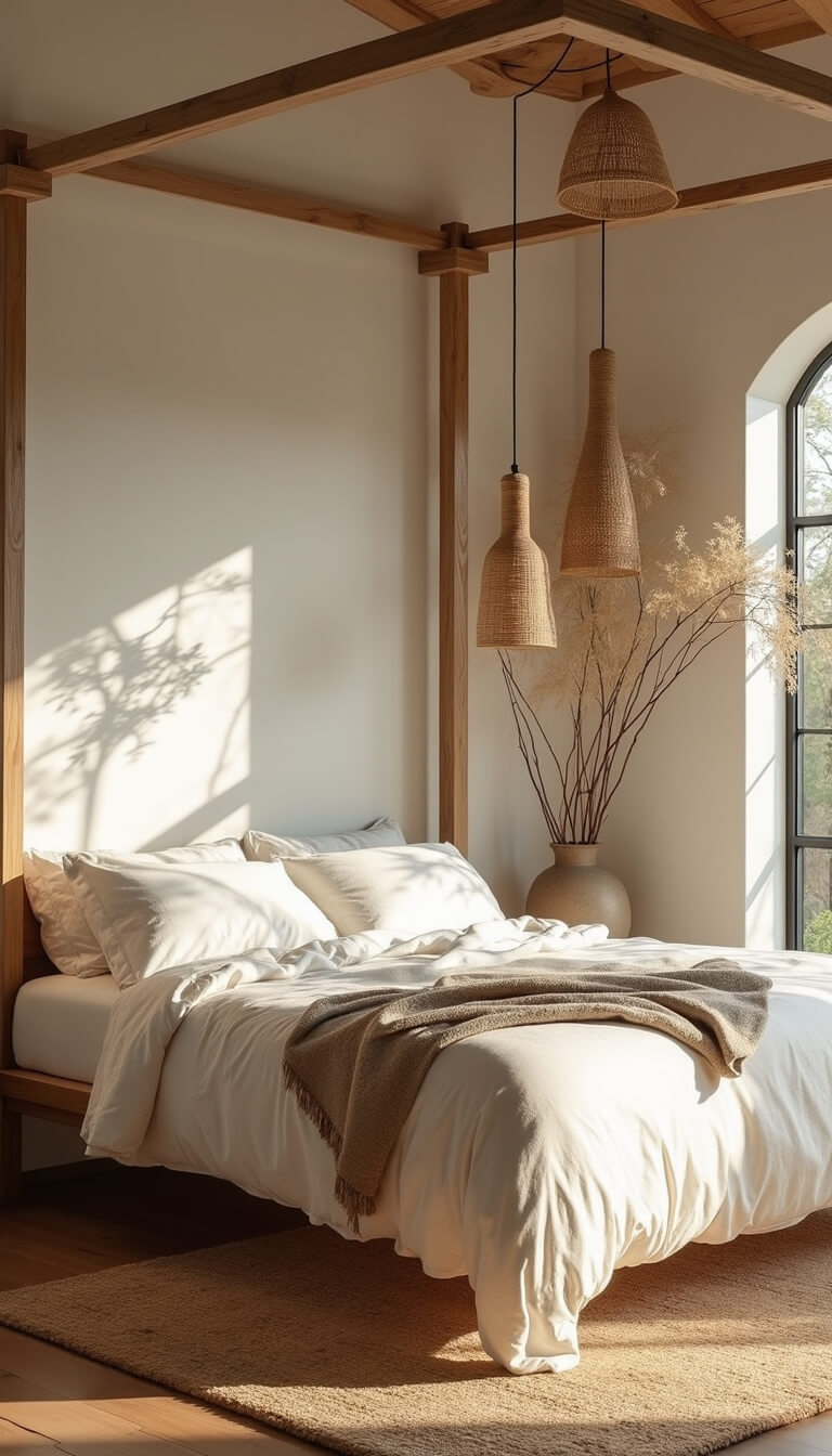Elegant 16x18ft master bedroom at dawn featuring a bleached oak canopy bed, cream linen bedding, vintage Moroccan rug, rattan pendant lights, and dried palm fronds in large ceramic vases.