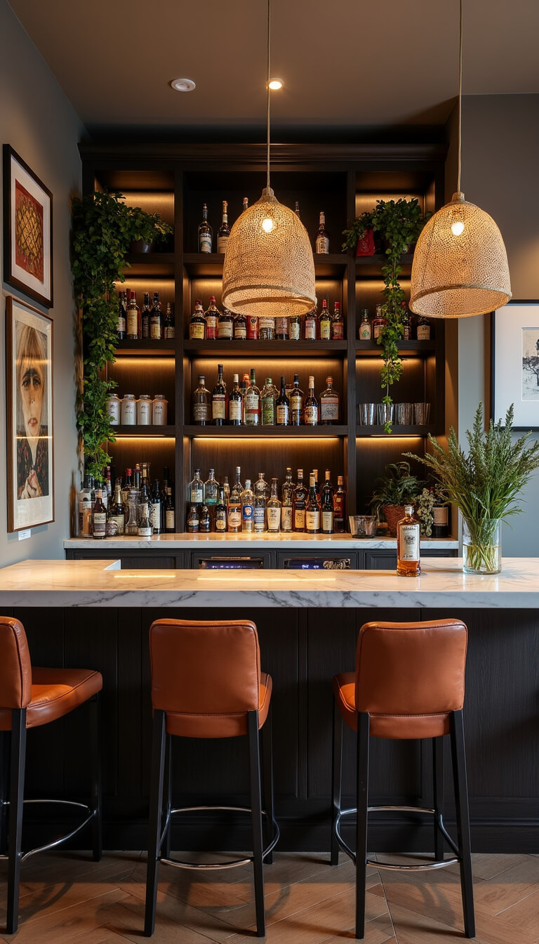 Twilight-lit 13x15ft home bar with dark wood open shelves, marble countertop, leather barstools, woven pendant lights, vintage art, and trailing plants.