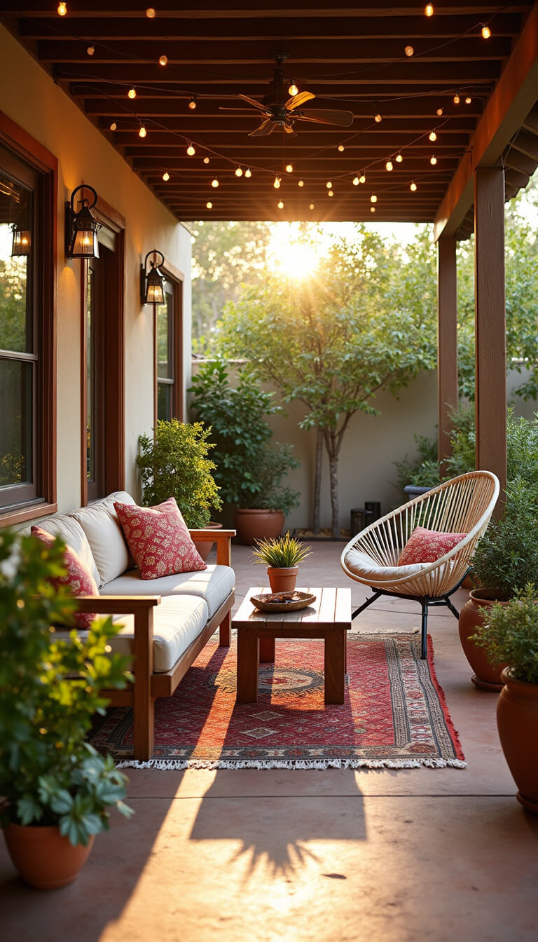 Cozy 12x14ft covered patio at magic hour with teak furniture, hammock chairs, terracotta pots, kilim rugs, and warm string lights.