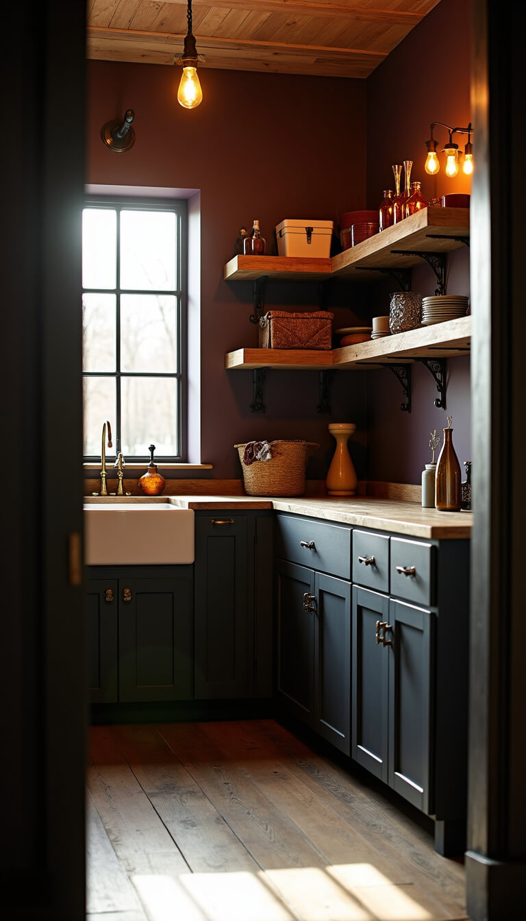 Moody 12x14ft laundry room at golden hour with sunlight streaming through iron-framed windows onto matte black shaker cabinets, aged brass hardware, distressed wood countertops, vintage barn lights, and oxblood walls.