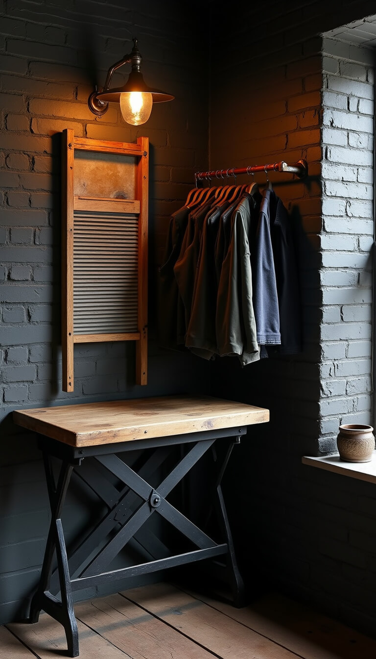 Western Gothic laundry station with black metal and reclaimed wood table, antique washboard, copper pipe rack, and moody industrial lighting.