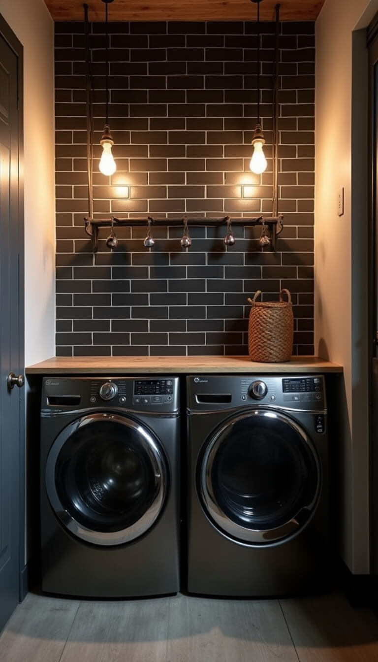 Wide-angle view of small laundry room at dusk with pendant lights glowing over black subway tiles, front-loading graphite washer/dryer, barn wood counter, and wrought iron rack with copper hooks.