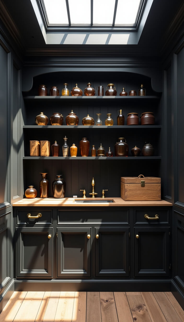 Western Gothic storage wall with black cabinetry, antique brass pulls, amber glass vessels, and wooden boxes under skylight light.