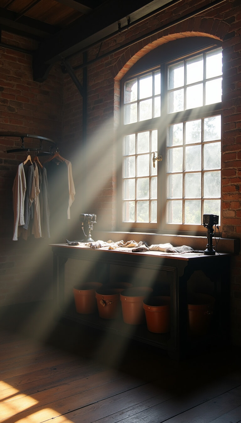Moody morning light filtering through factory window onto Gothic-style folding station with black steel table, leather baskets, vintage pulleys, and iron drying rack in brick-walled room.
