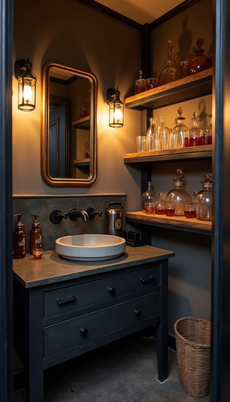 Twilight view of cozy 6x8ft laundry nook with gas lantern sconces, antiqued mirror, concrete sink, matte black faucet, and open shelves displaying amber glass.