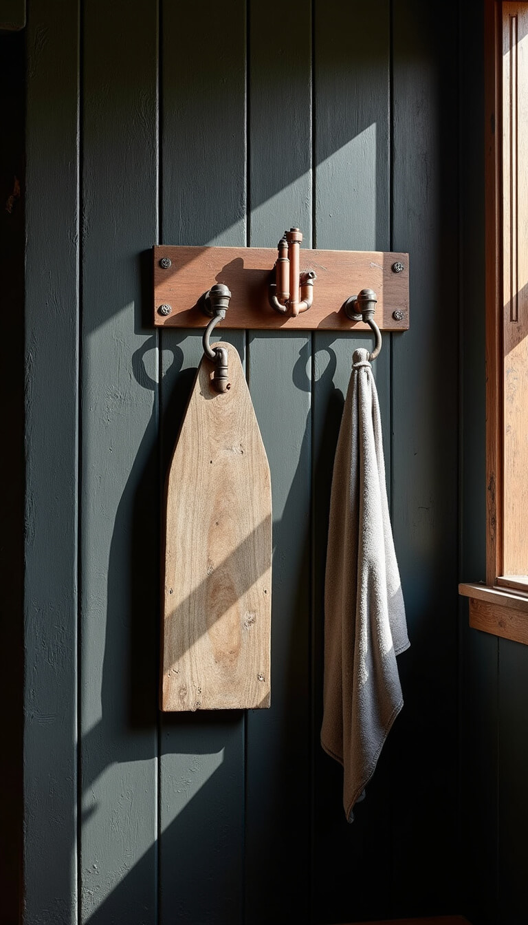 Western Gothic utility wall with textured black beadboard, vintage ironing board decor, patinated copper towel bars, and dramatic side lighting.