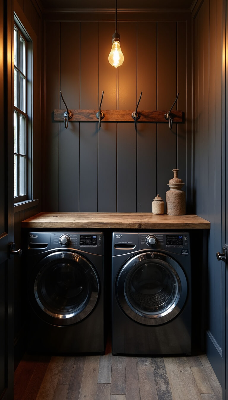 Moody evening laundry room with warm Edison lighting, black steel and glass cabinets, leather hampers under wood counter, and iron hooks on dark shiplap wall.