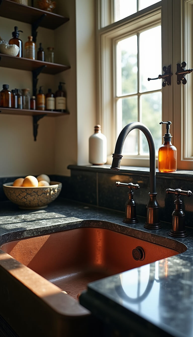 Gothic-style cleaning station with sunlight on black marble, copper sink, amber glass bottles, and wrought iron fixtures.