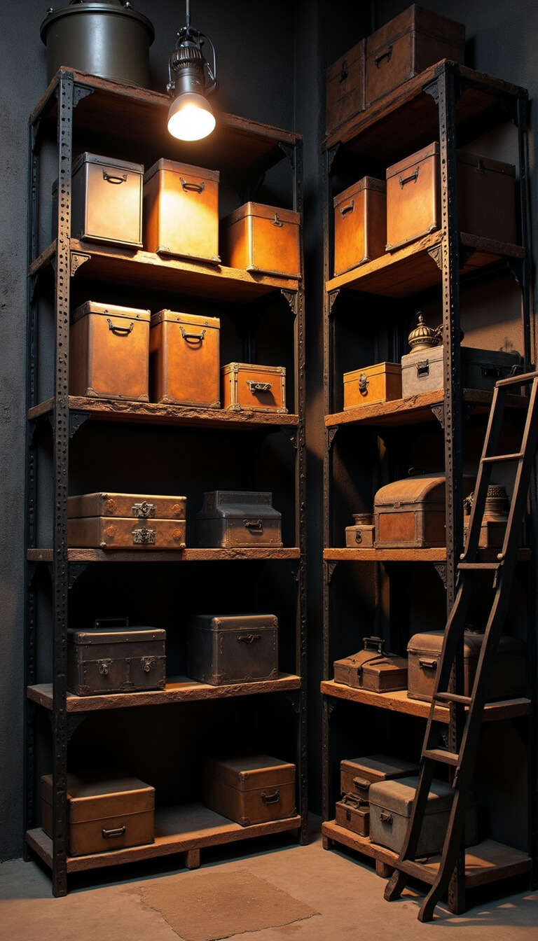 Dusk view of tall black steel shelving with sliding ladder, leather boxes, metal bins, and vintage spotlight in moody lighting.
