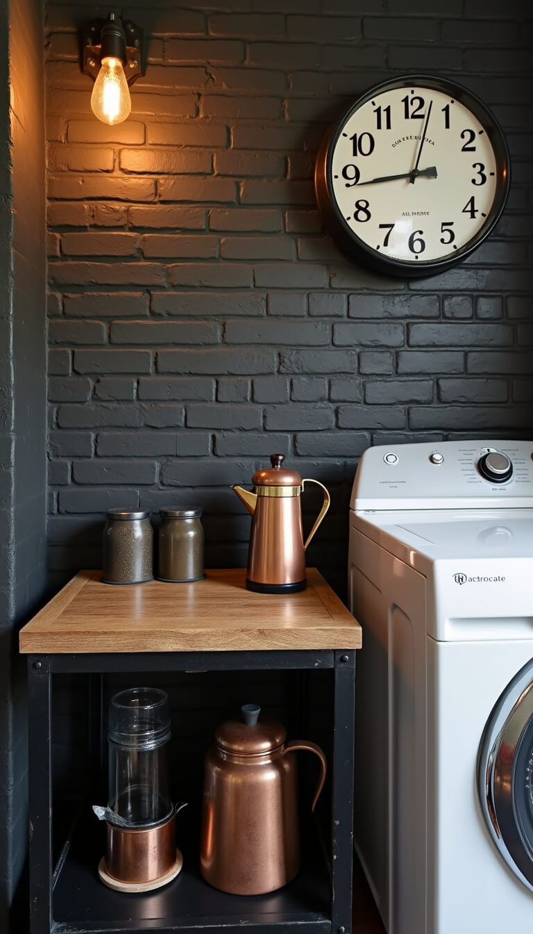 Laundry room coffee station with black steel and reclaimed wood cart, copper French press, iron canisters, vintage railway clock on dark brick wall, and Edison bulb sconce lighting.