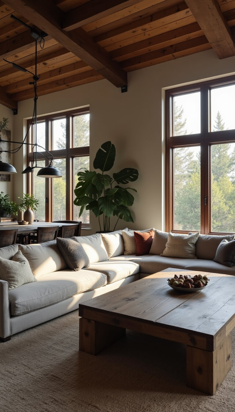 Spacious living room with high ceilings, exposed wooden beams, gray sectional sofa, reclaimed wood dining table, and warm afternoon light streaming through large windows.