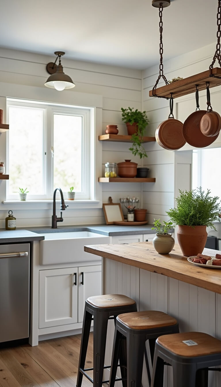 Bright, airy kitchen with white shiplap walls, concrete countertops, reclaimed wood island, and open shelving displaying earth-toned stoneware.