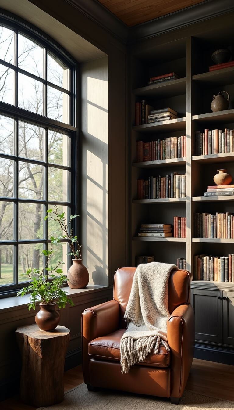 Cozy 10x12ft reading nook with floor-to-ceiling weathered gray bookshelves, black metal-framed windows casting dramatic shadows, an oversized leather armchair with wool throw, rustic reclaimed wood side table, vintage books, pottery, and trailing plants in moody, intimate lighting.