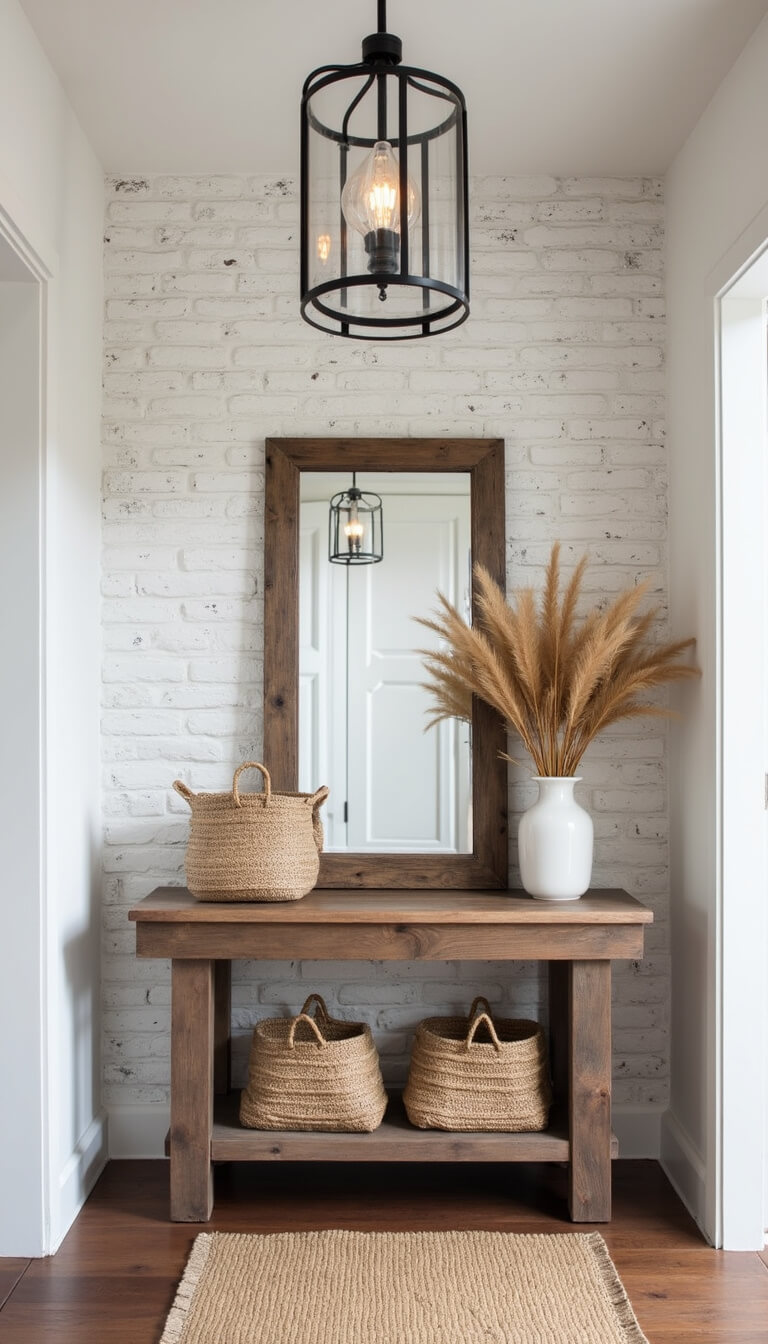 Modern farmhouse entryway with whitewashed brick wall, black metal and glass pendant light, reclaimed wood console table, vintage mirror, woven baskets, dried wheat, and natural sisal runner.
