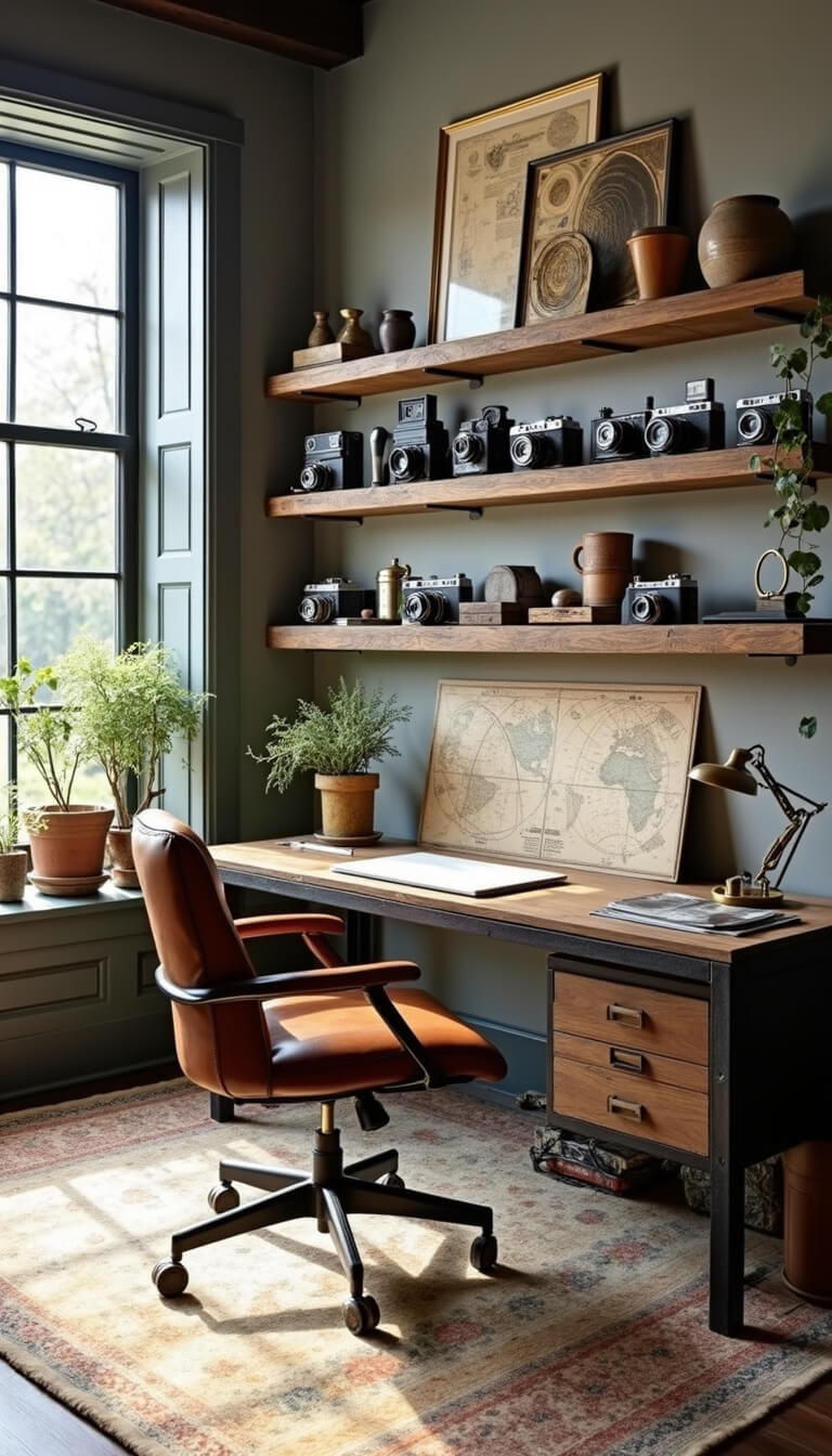 Light-filled 16x18ft home office with black steel-framed windows, industrial desk, leather chair, reclaimed wood shelves displaying vintage cameras and pottery, styled with historic maps, brass accents, and trailing plants.