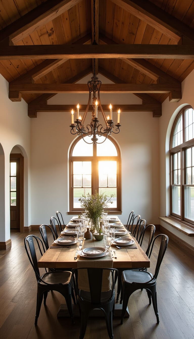 Serene dining room with vaulted ceiling, exposed wooden trusses, golden hour light through arched windows, reclaimed oak farmhouse table, vintage pews and metal chairs, iron chandelier, and rustic table décor with greenery.
